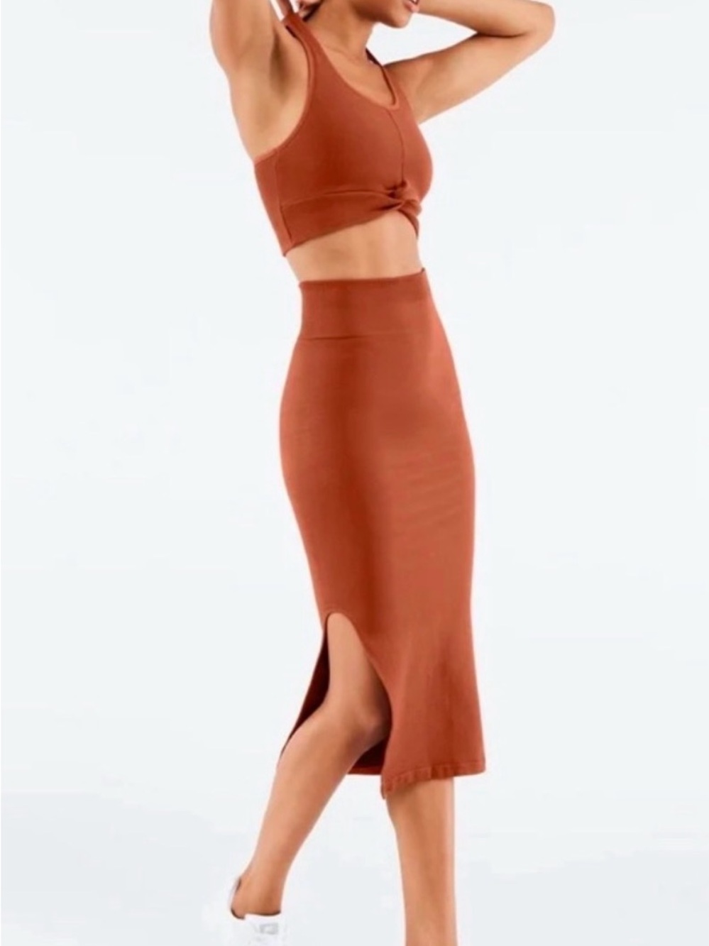 Fabletics Rust-Brown High Waist Ribbed Seamless Pencil Skirt with Side Slit - Picture 2 of 5